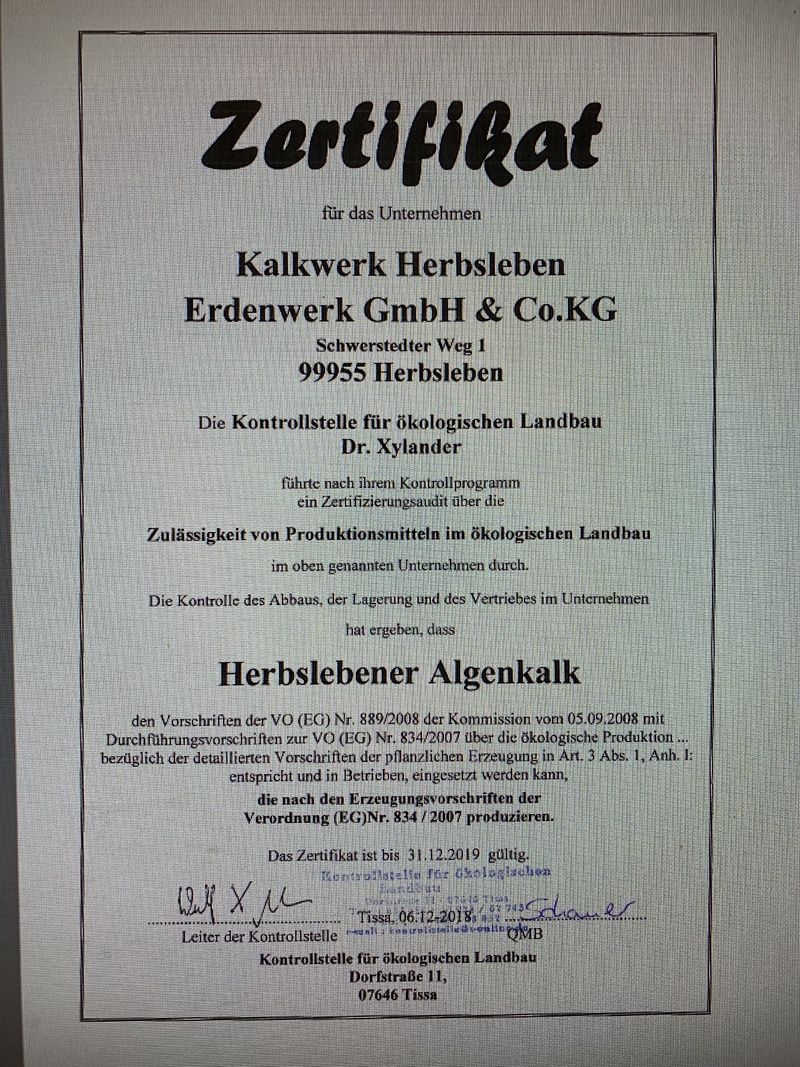 Zertifikat Herbslebener Algenkalk 2018 Zertifikat Herbslebener Algenkalk 2018